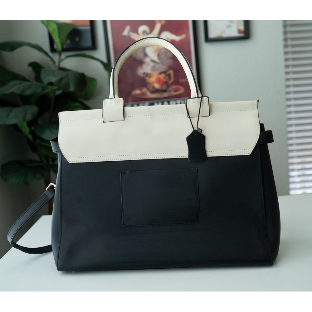 Jemma Womens Emma Work Bag Structured Colorblock Leather Satchel Black Cream - Picture 4 of 12